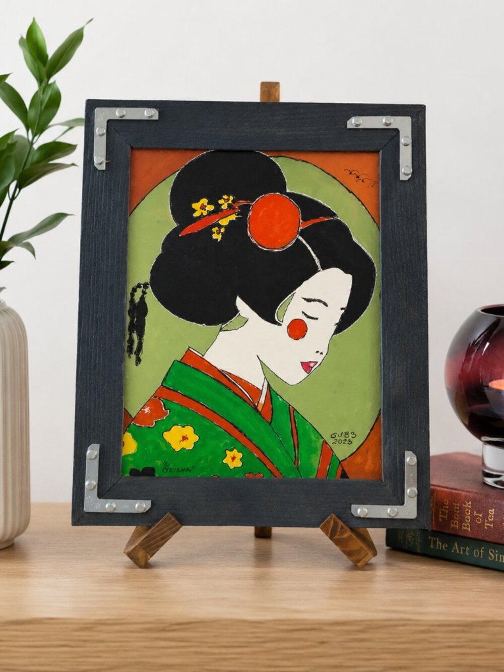 Original Hand Painted Geisha Portrait Acrylic Painting Framed 8x10 Asian Art